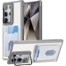 Military Grade Drop Wallet Case for Galaxy A25 5G – Slim, Shockproof, Transparent with Lens Kickstand & Card Holder (Gray)