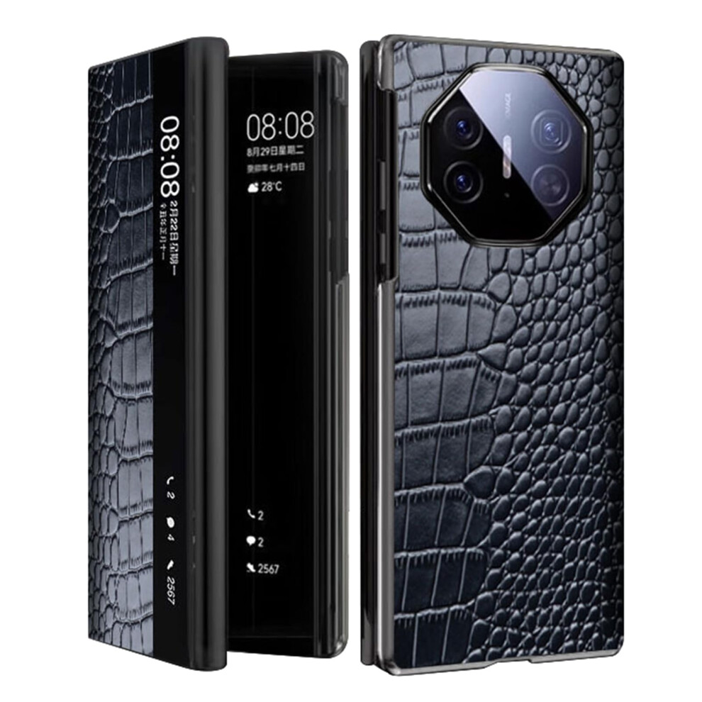 Leather Case Smart View Window Flip Cover Full Body Protection Luxury Crocodile Texture For Huawei Mate Xt Black 9330225023807