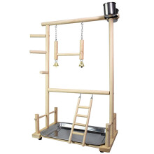 Parrots Playground,Natural Wooden  Perch Gym  Stand Parakeet Ladders with Feeder Cups and Toys Exercise