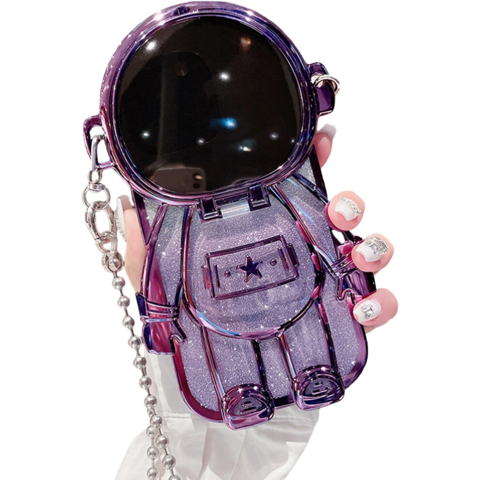 Case Cute 3D Astronaut Glitter Design With Mirror Chain Hidden Stand Shockproof Cover For Iphone 13 Pro Purple 9330225024347
