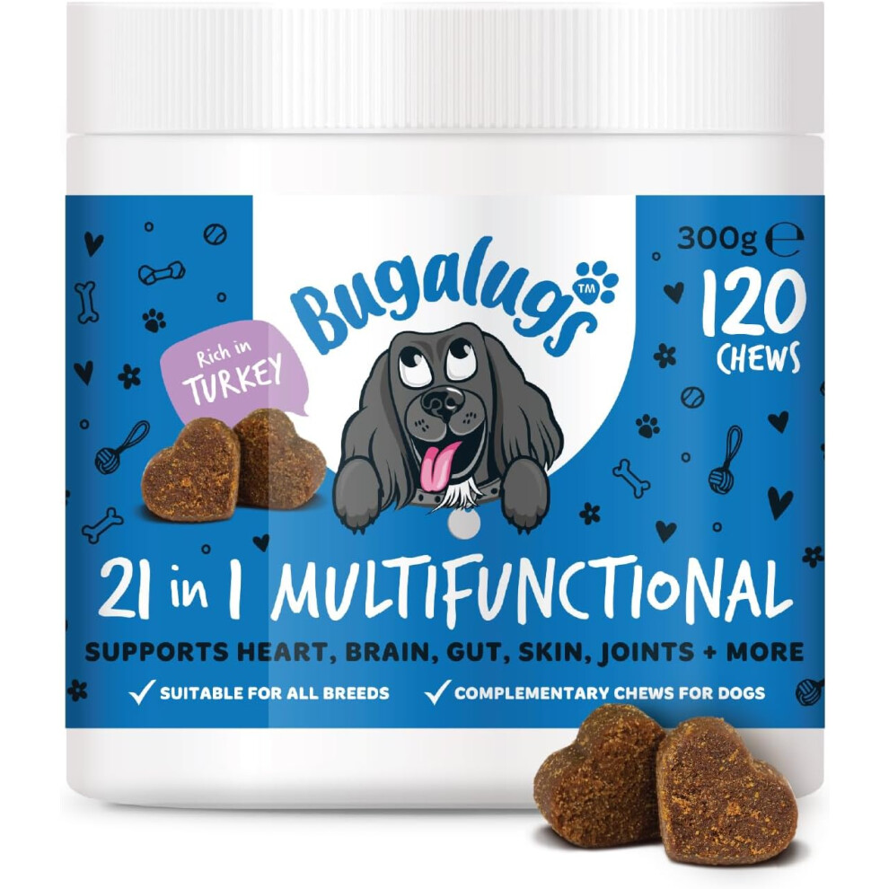 Bugalugs 21 In 1 Multifunctional Dog Treats Helps Gut, Teeth, Bladder, Joints, Calming, Relax & Itchy Skin 120 Chews