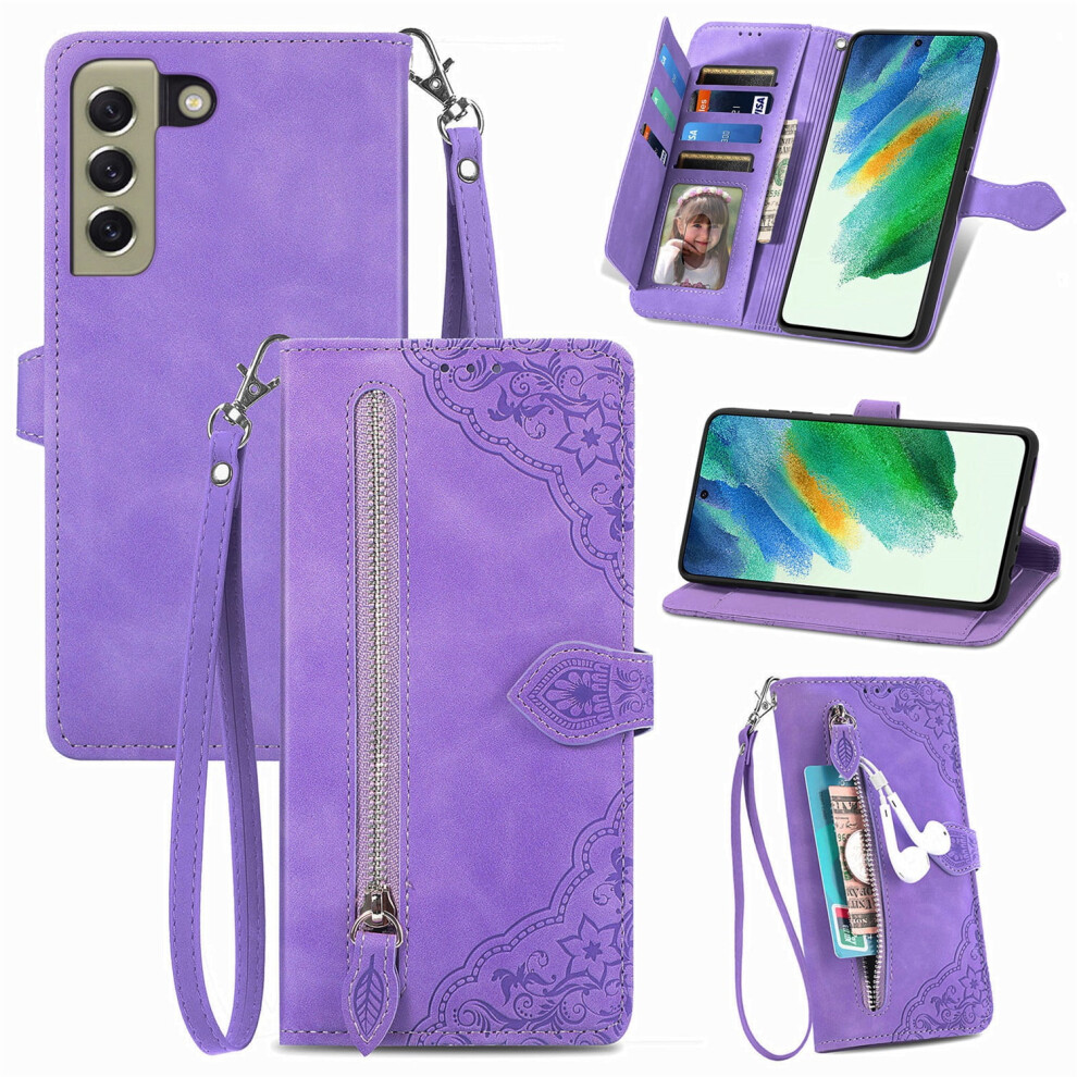 Pu Leather Wallet Case For Samsung Galaxy S21 Fe 5G Â Embossed Flower, Shockproof, Wrist Strap, Kickstand, Zipper Card Holder Purple 9365509609606