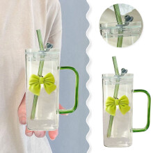 Bow Shaped Square Transparent Glass Cup With Lid Straw Handle Suitable For Women And Girls Heat Coffee Tea Cup
