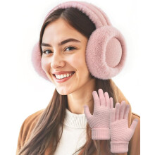 Fashion Ear Muffs for Winter Women W/Screen Touch Gloves Set, Foldable Fuzzy Earmuffs Faux Fur Warmer Covers Outdoor