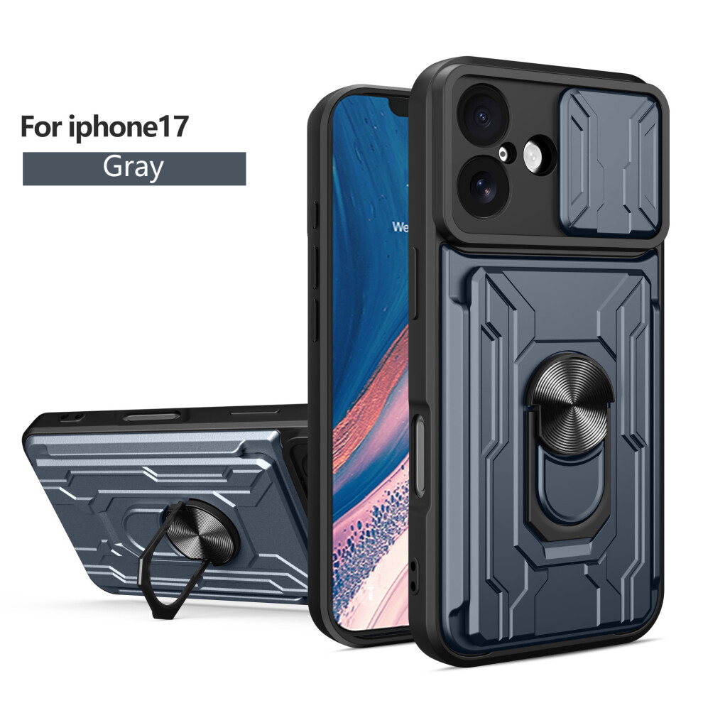 Iphone 17 Case With Card Holder, Slide Lens Cover, Shockproof Dual-Layer Protection & Ring Kickstand Â Gray 9365509610756