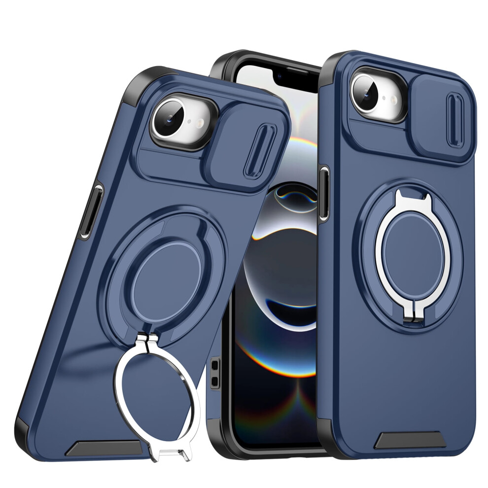 Hard Plastic Case For Iphone 16E (2024), Magsafe Compatible, With Ring Grip, Kickstand & Slide Camera Cover, Rugged Shockproof, Blue 9365509610183