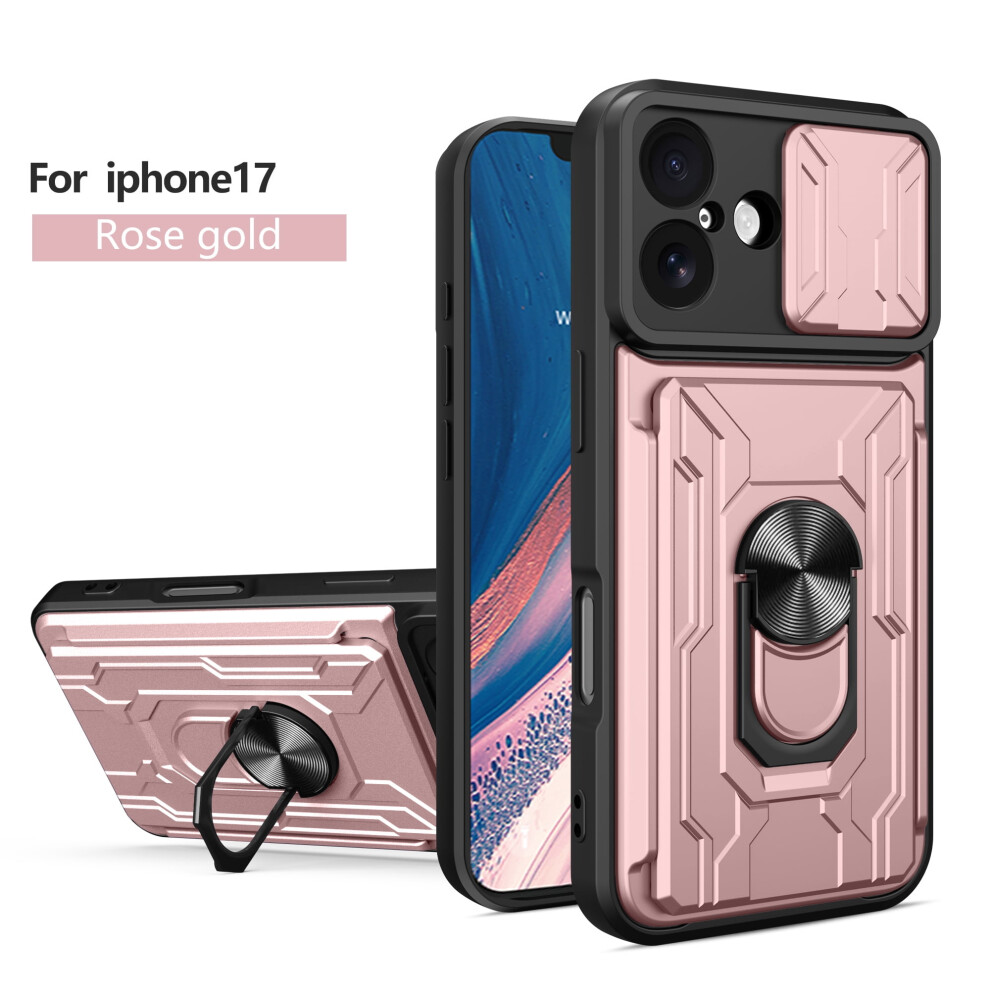 Iphone 17 Case With Card Holder, Slide Lens Cover, Shockproof Dual-Layer Protection & Ring Kickstand Â Rose Gold 9365509612200
