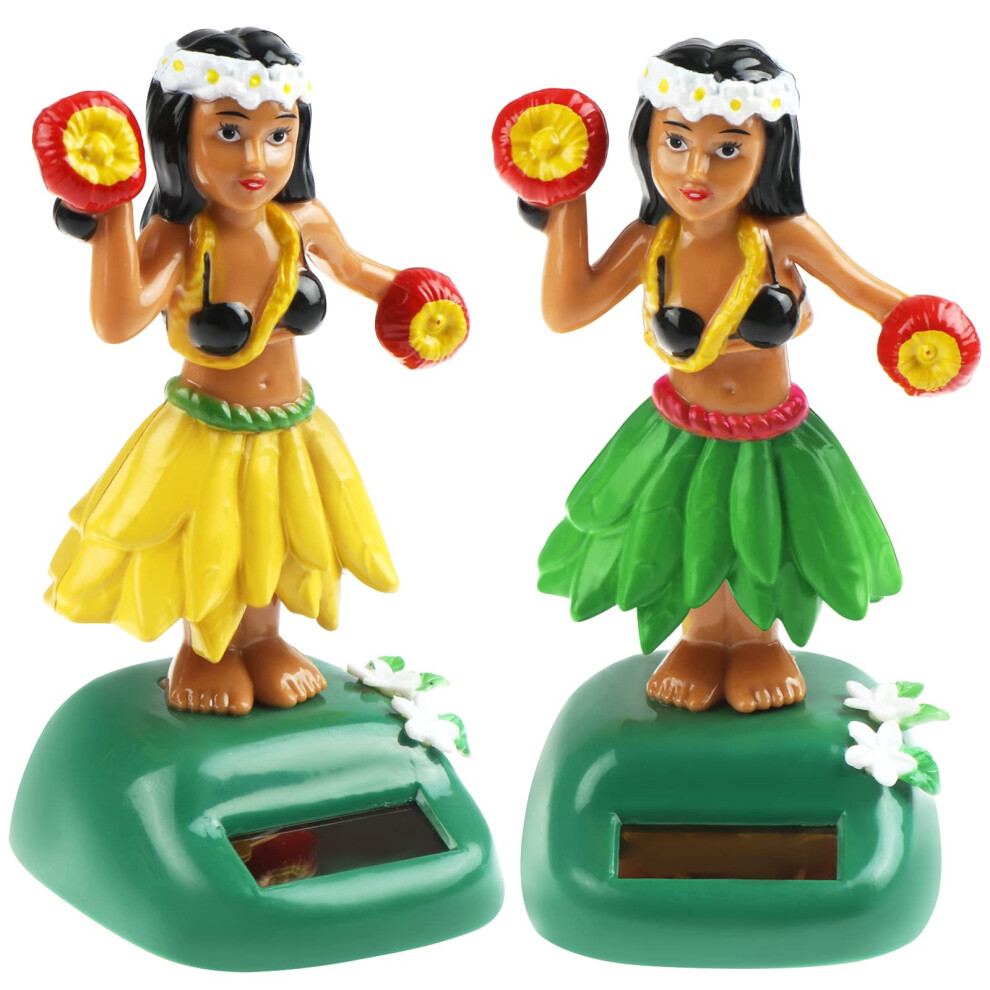 2 Pack Solar Powered Hula Girl Dashboard Dancing Figure Hawaiian Car Decor Yellow/Green 9455672297905