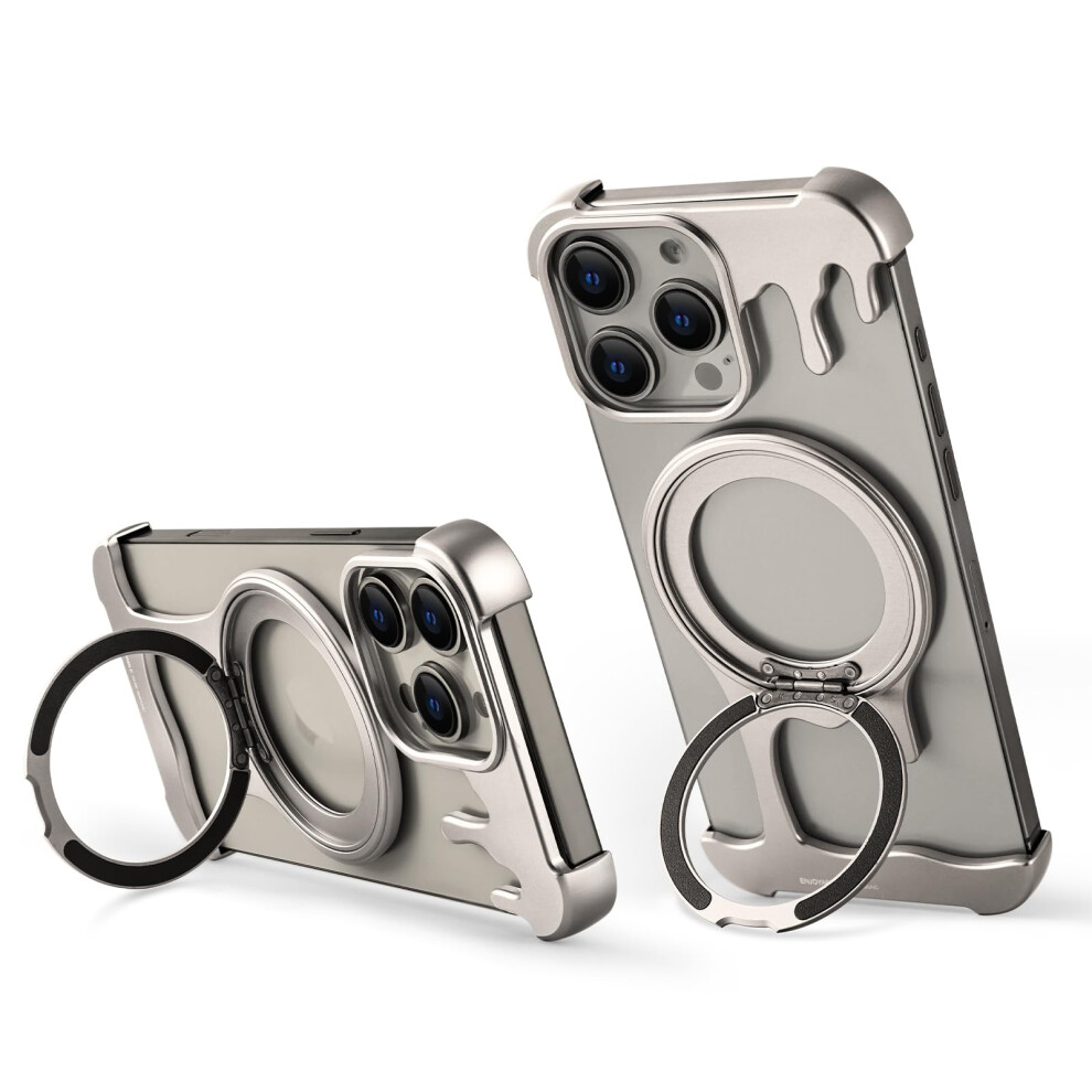 Case Slim Frameless Metal Bumper With 360 Magnetic Kickstand Natural Titanium For Iphone 16 Pro Max 9092120784350