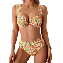 Women's 2 Piece Set, Floral Print Swimsuit with-Yellow XL
