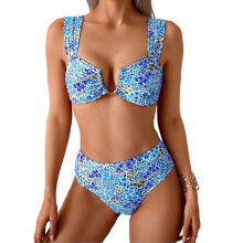 Ensemble 2 pièces pour femmes, maillot de bain imprimé-Bleu XL
