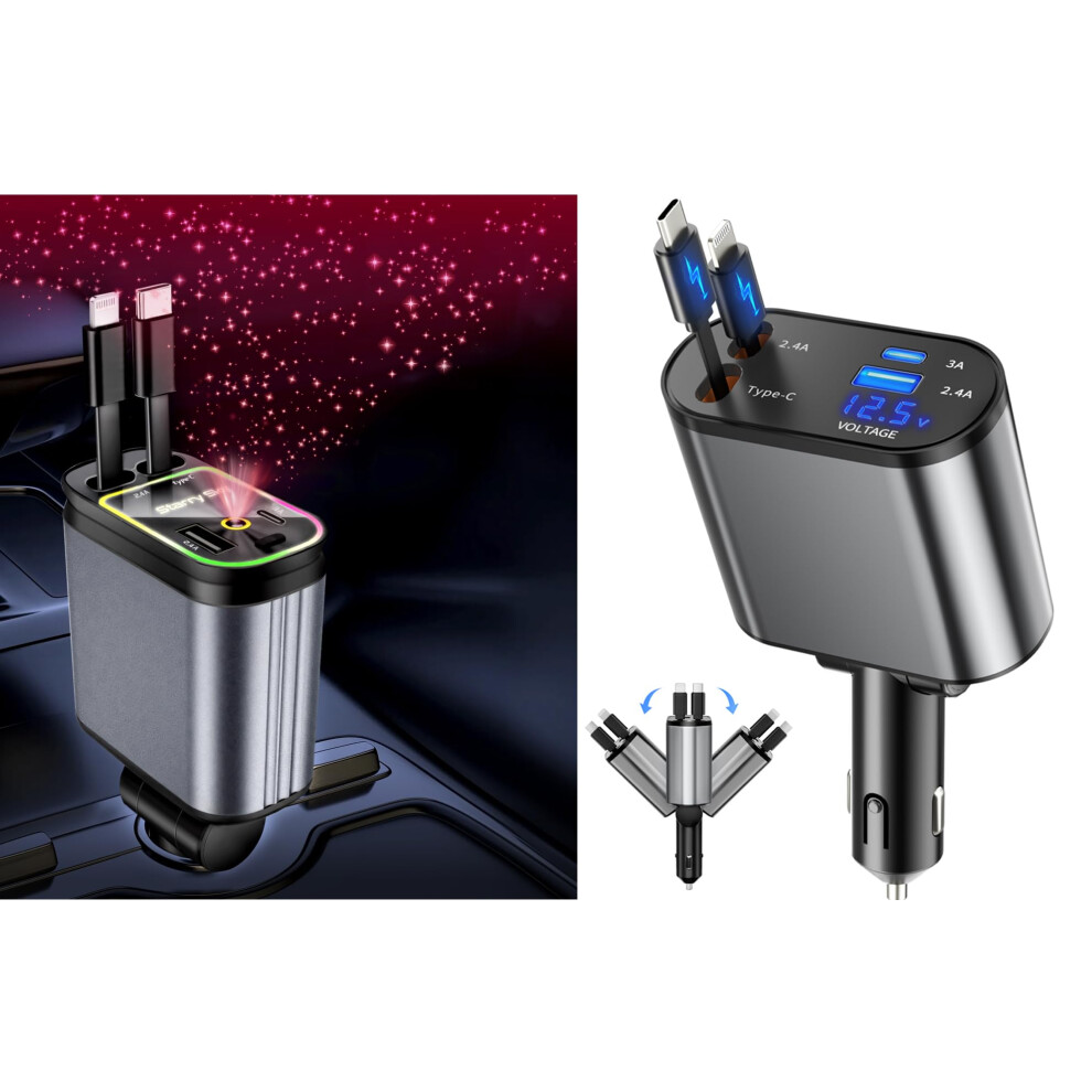 Dual Pack 4 In 1 Retractable Car Charger With Tangle Cable And Multi Device Compatibility 9092120786026