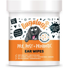 BUGALUGS Probiotic Dog Ear Cleaner Pet Wipes 100 Biodegradable textured pre-soaked dog ear wipes Stops Head Shaking, Itching & Waxy Ear