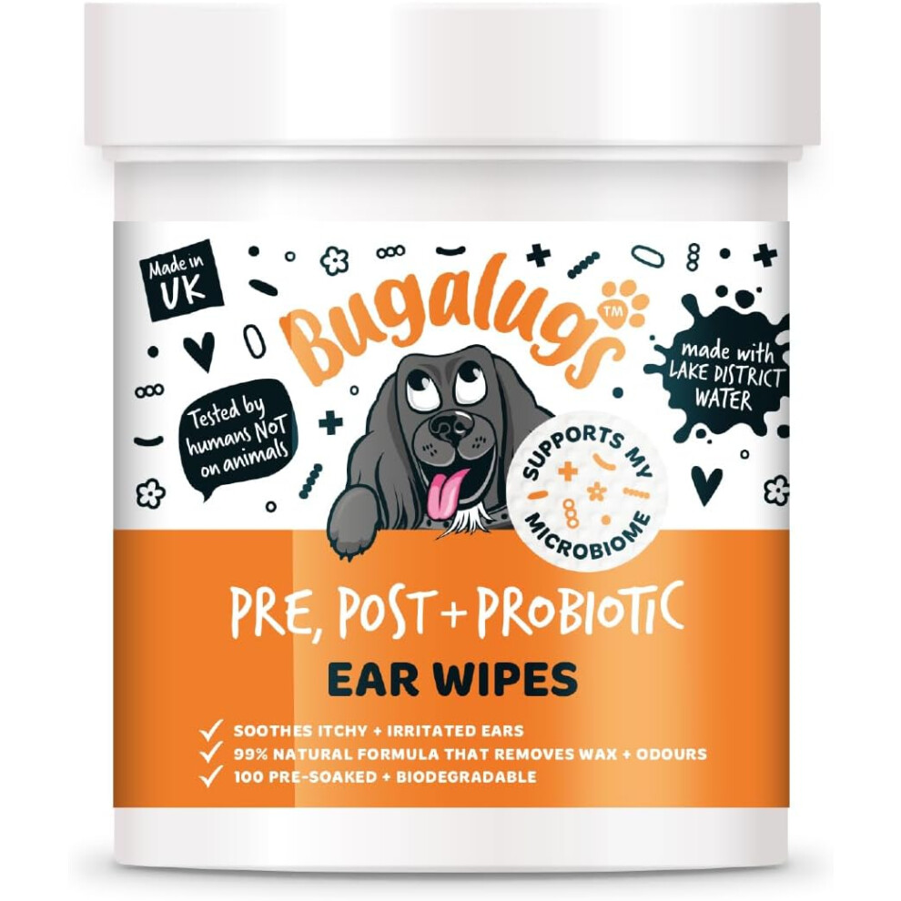 Bugalugs Probiotic Dog Ear Cleaner Pet Wipes 100 Biodegradable Textured Pre-Soaked Dog Ear Wipes Stops Head Shaking, Itching & Waxy Ear