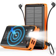 Solar Power Bank 52800mAh Fast Charging 5V/3A with Builtin 4 Cables LED Flashlight Orange for Camping