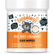 BUGALUGS Probiotic Cat Ear Cleaner Pet Wipes 100 Biodegradable textured pre-soaked cat wipes Stops Head Shaking, Itching & Waxy Ears