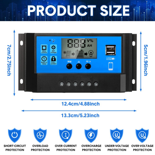 60A PWM Solar Charge Controller 12V 24V with LCD Display Dual USB Ports and Programmable Timer 1