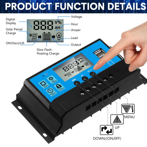 60A PWM Solar Charge Controller 12V 24V with LCD Display Dual USB Ports and Programmable Timer 2