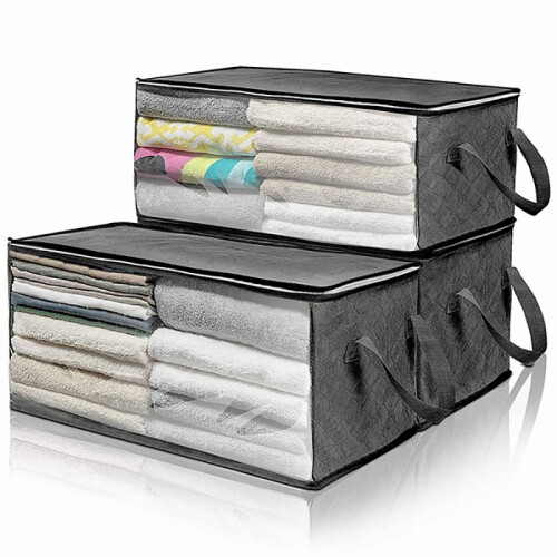 2PCS Quilt Organizer Box Foldable Portable Closet Stackable Bins Non Woven Clothes Storage Blankets Collecting Case-Gray 2