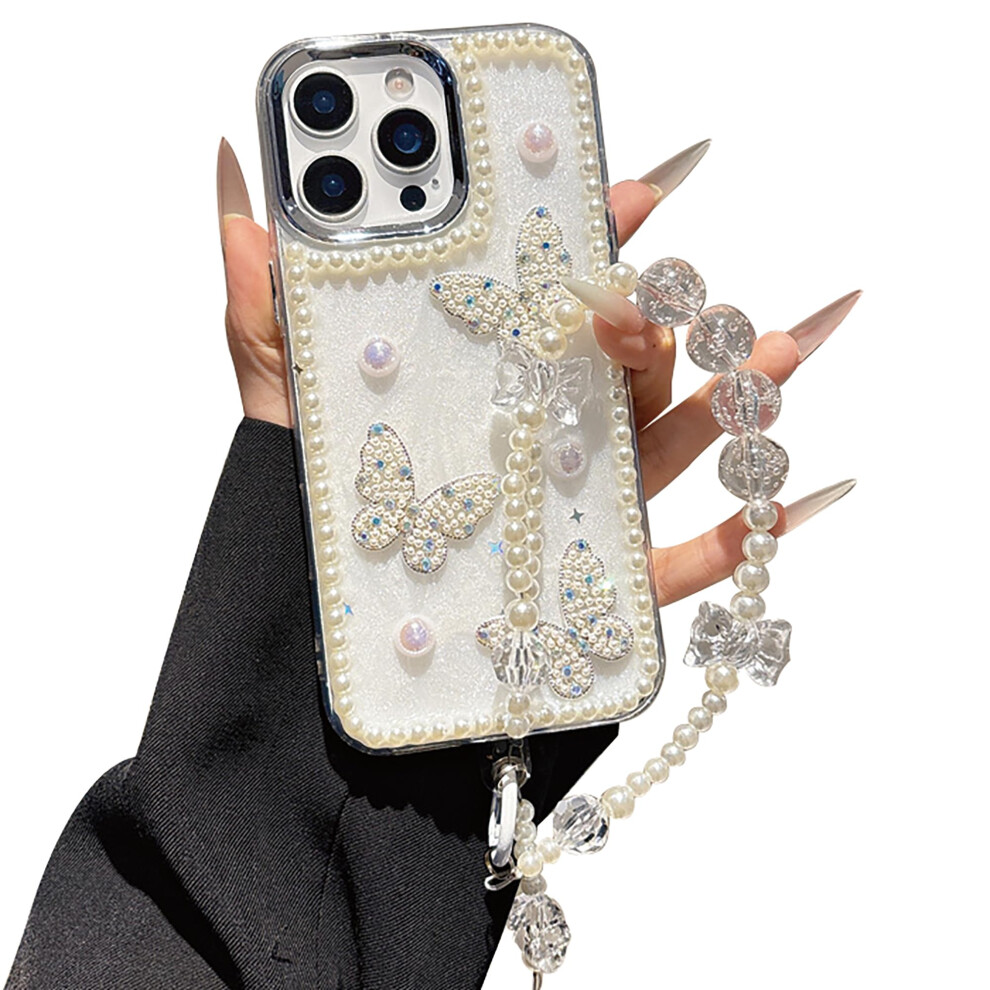 Glitter Case For Iphone 11 Pro Max With Pearl Wristband Strap, Luxury Bling Diamond Butterfly Shockproof Cover For Women White 9330225031550
