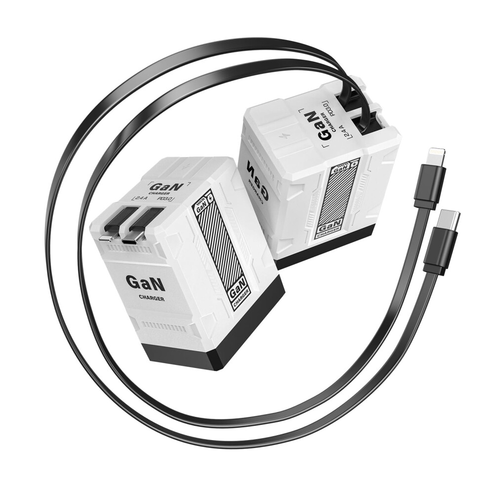 2 In 1 Gan Wall Charger 45W Fast Charging Retractable Dual Cables Usb C And Lightning Compact Plug For Iphone And Android White 9330225031925