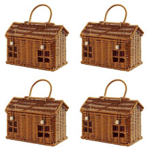 4X Imitation Rattan House Shaped Basket with Lid, Decorative Hand Woven Shelf Organizer with Folding Handle