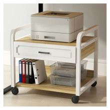 3 Tier Printer Stand with Storage, Mobile Wooden Printer Cart on Wheels, Under Desk Space Saving for Home Office, White and Wood Color