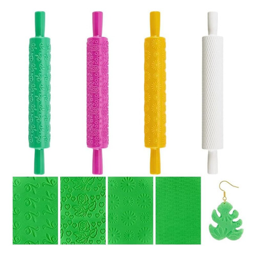 8Pcs Clay Modeling Pattern Rollers Kit 4 Colors Leather Texture Roller Plastic Rolling Pin Polymer Clay for DIY Handmade 2