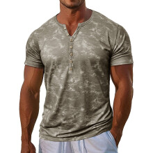 T-shirt da uomo vintage con grafica, vestibilità slim, scollo Henley, maniche corte, stile streetwear retrò effetto invecchiato per un look casual