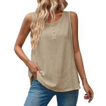 Camisetas sin mangas de lino para mujer – Blusas túnica sin mangas de gasa color caqui, blusas lisas de corte holgado