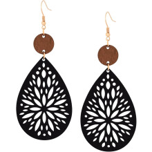 Bohemian Hollow Cut-Out Wood Leather Dangle Drop Earrings, Boho Chic Hippie Statement Jewelry Gift for Women