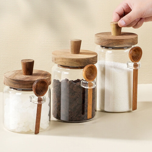 Pote de vidro hermético com tampa de madeira para armazenamento, multiuso, ideal para chá, café e açúcar. 13,2 x 10,4 cm (5,2 x 4,1 polegadas). 2