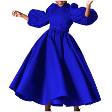 Abito da donna a tinta unita con stampa floreale - Elegante abito a maniche lunghe con maniche a sbuffo, scollo rotondo e orlo svasato, perfetto per