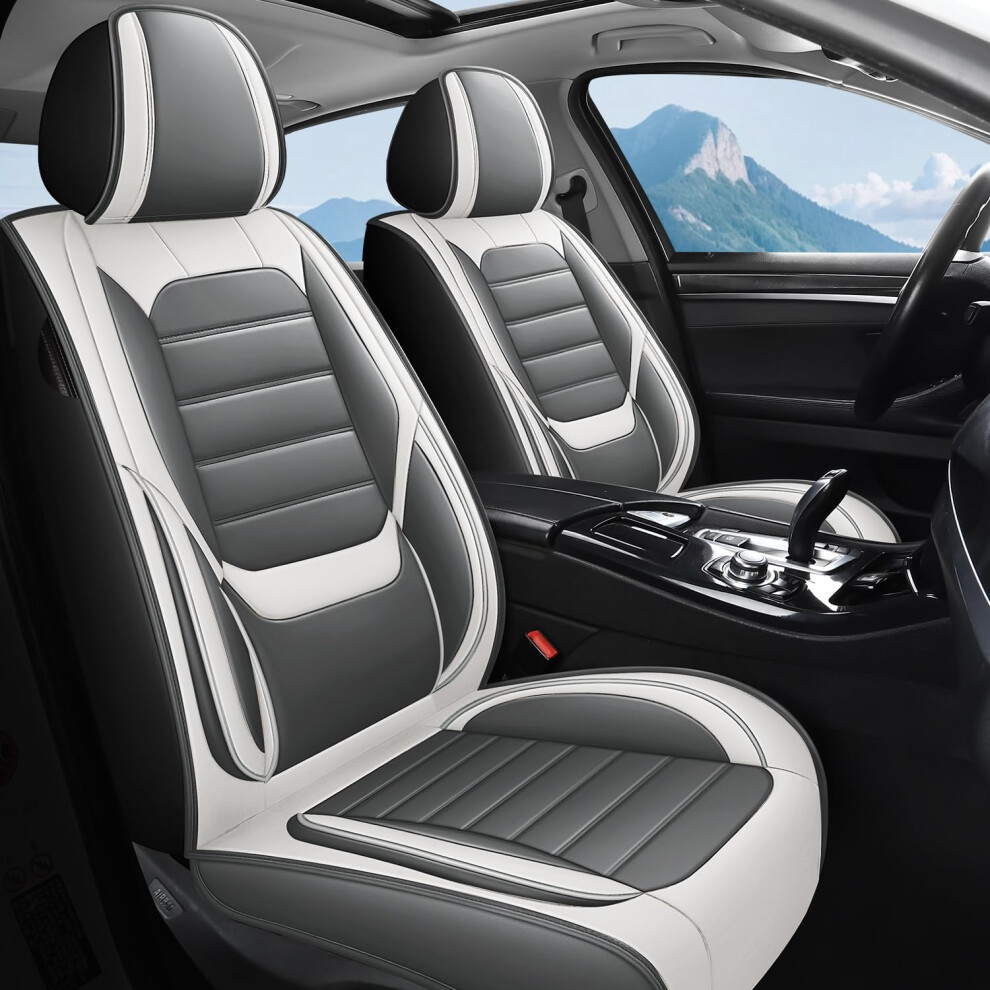 Leather Car Seat Covers For Hyundai Santa Fe 2001Â2025, Waterproof Nappa Full Set 5ÂSeat And Protector Gray/White 9330225035350