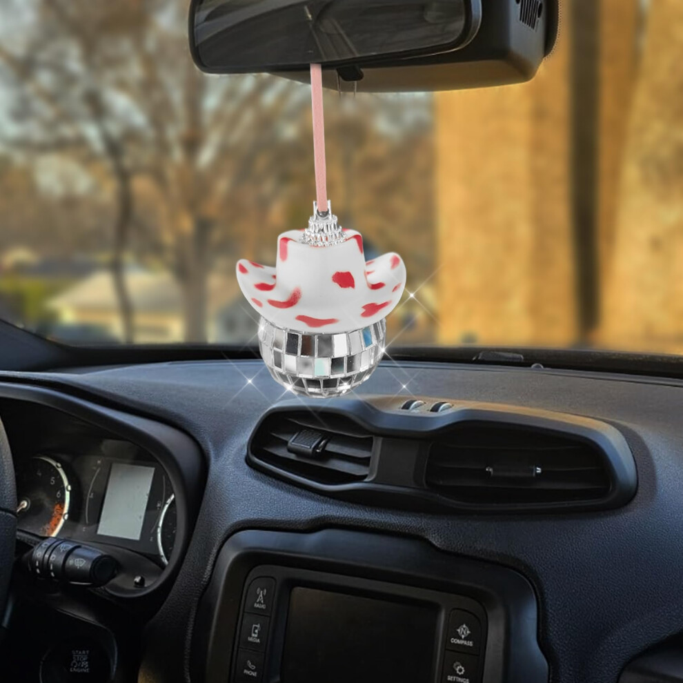 Car Disco Ball Rearview Mirror Ornament With Cowboy Hat, Reflective Glass Design, Spots White/Pink 9330225035701