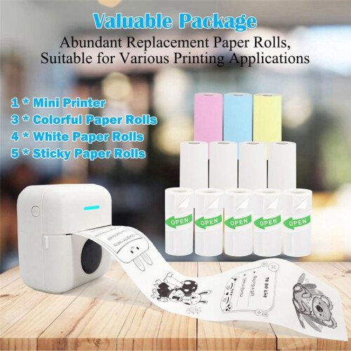 Portable Printer, Inkless Sticker Printer with 12 Rolls Paper,  Thermal Printer for Notes/Photos/Stickers, 2
