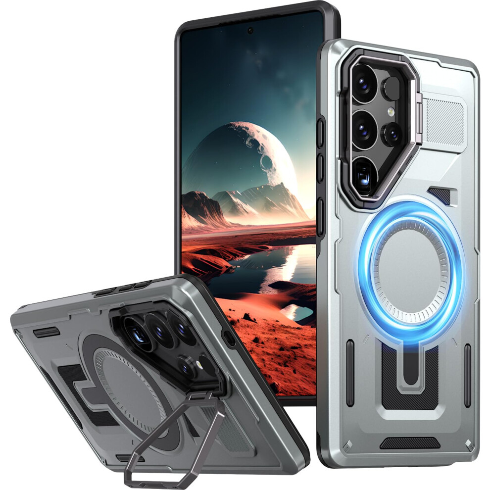 Magnetic Case With Kickstand, Camera Cover, Militarygrade Protection, For Samsung Galaxy S25 Ultra Silver 9073542733805
