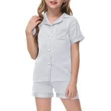 Ungdomlig pyjamas i sidenimitation med korta ärmar, mjuk pyjamas med knappar framtill och fickor, avslappnad loungewear-ensemble, 130, ljusgrå