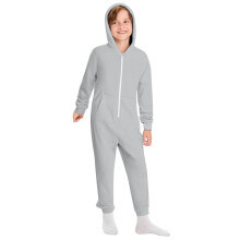 Macacão infantil com capuz, forro de lã, zíper e bolsos – Cinza claro, quentinho para passeios de outono/inverno.