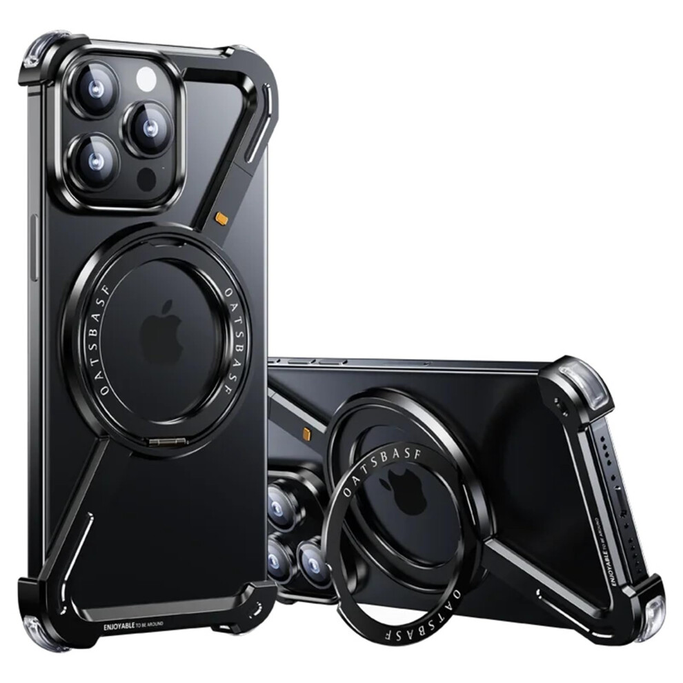 Metal Case Magsafe Compatible With Iphone 14 Pro 360 Rotating Kickstand Shockproof Zshaped Frameless Design Black 9073542733898
