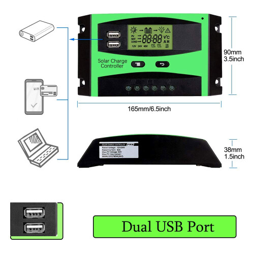 30A Solar Charge Controller 12V 24V PWM with LCD Display Dual USB Charging and Auto Voltage Detection 1