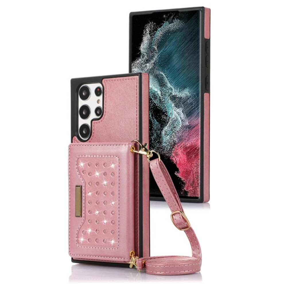 Leather Wallet Case With Lanyard And Zipper For Samsung Galaxy S23 Ultra, Flip Cover For Note20 Ultra Pink 9092120802641