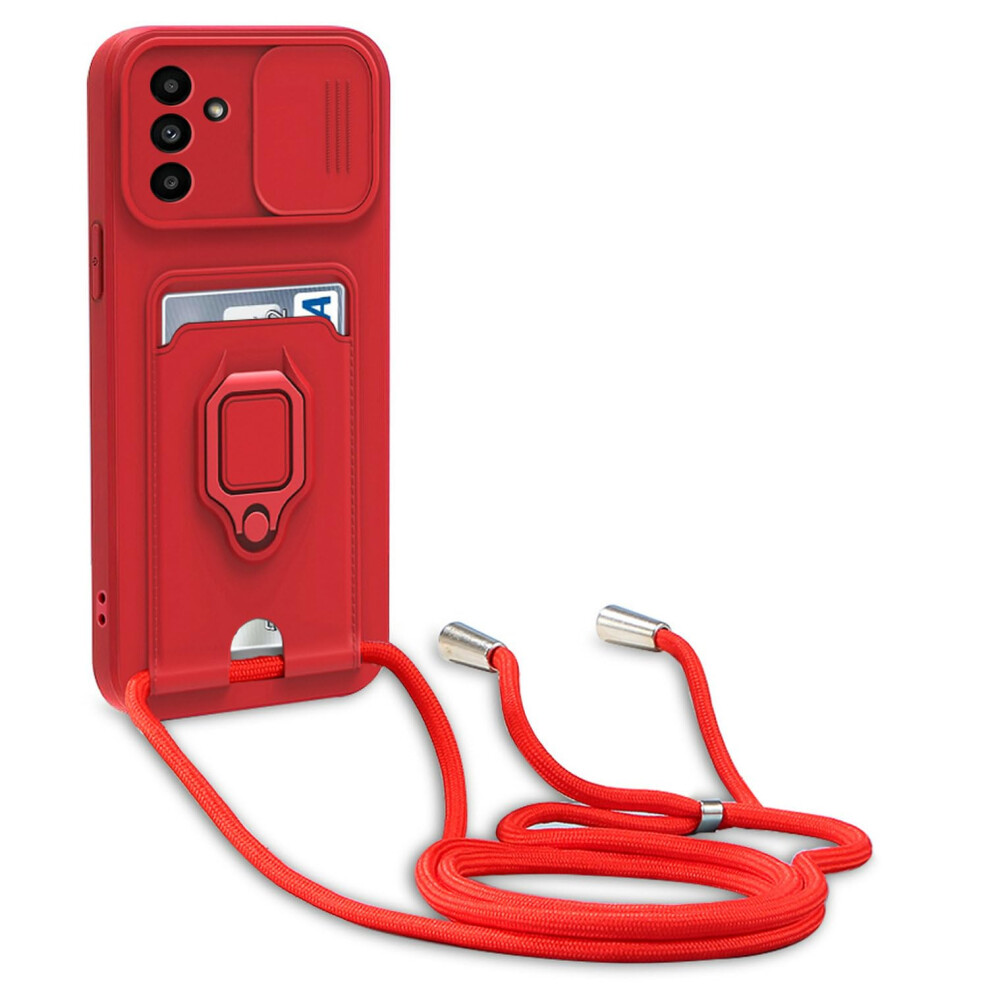 Case For Samsung Galaxy S24 Fe With Camera Protection Slider, Kickstand Card Slot And Lanyard Necklace, Silicone Red 9771547065623