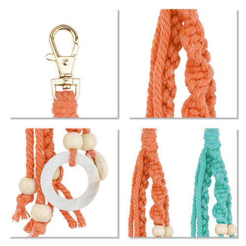 Boho Macrame Keychains with Wood Bead and Seashells, Handmade Accessories Keychain for Purse Keys, Orange 2