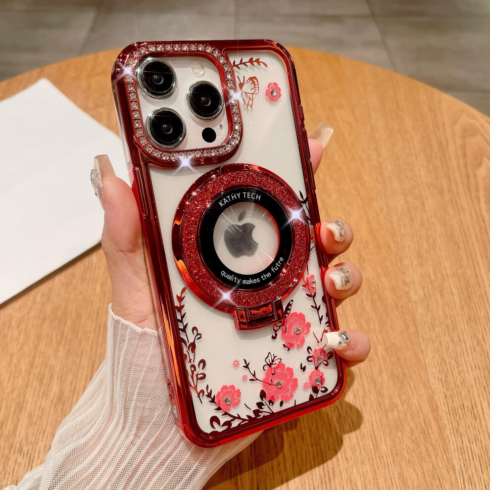 Glitter Magsafe Compatible Case For Iphone 15 Plus With Magnetic Ring Kickstand Clear Floral Shockproof Design Red 9073542734871
