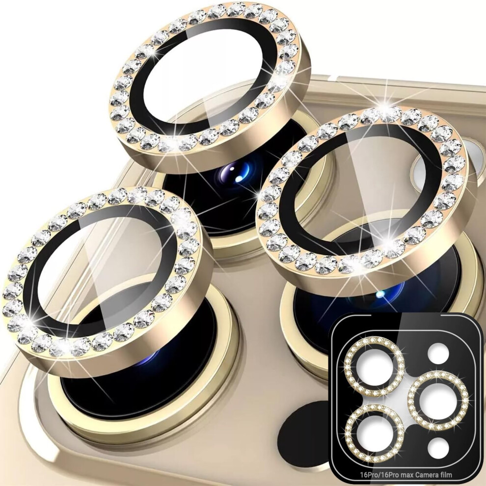 2 Pack Diamond Camera Lens Protector For Iphone 16 Pro Max, 9H Tempered Glass With Metal Rings And Alignment Tray Gold 9771547067252