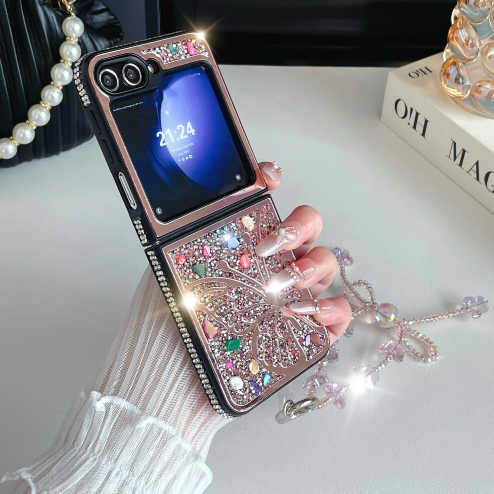 Glitter Mirror Case With Bling Rhinestone Bracelet Strap Butterfly Design For Samsung Galaxy Z Flip 6 Pink 9092120804690