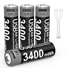 USB Rechargeable AA Batteries 1.5V Lithium 2300mAh Builtin USBC Charging LongLasting EcoFriendly 4 Pack