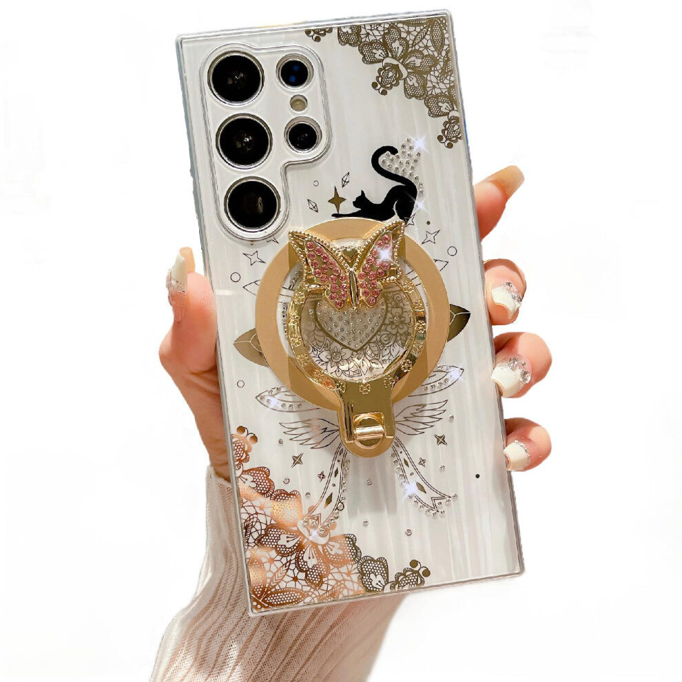 Butterfly Case With Sparkle Ring Stand, Shockproof Glitter Protective Cover For Galaxy S25 Ultra White 9771547067573
