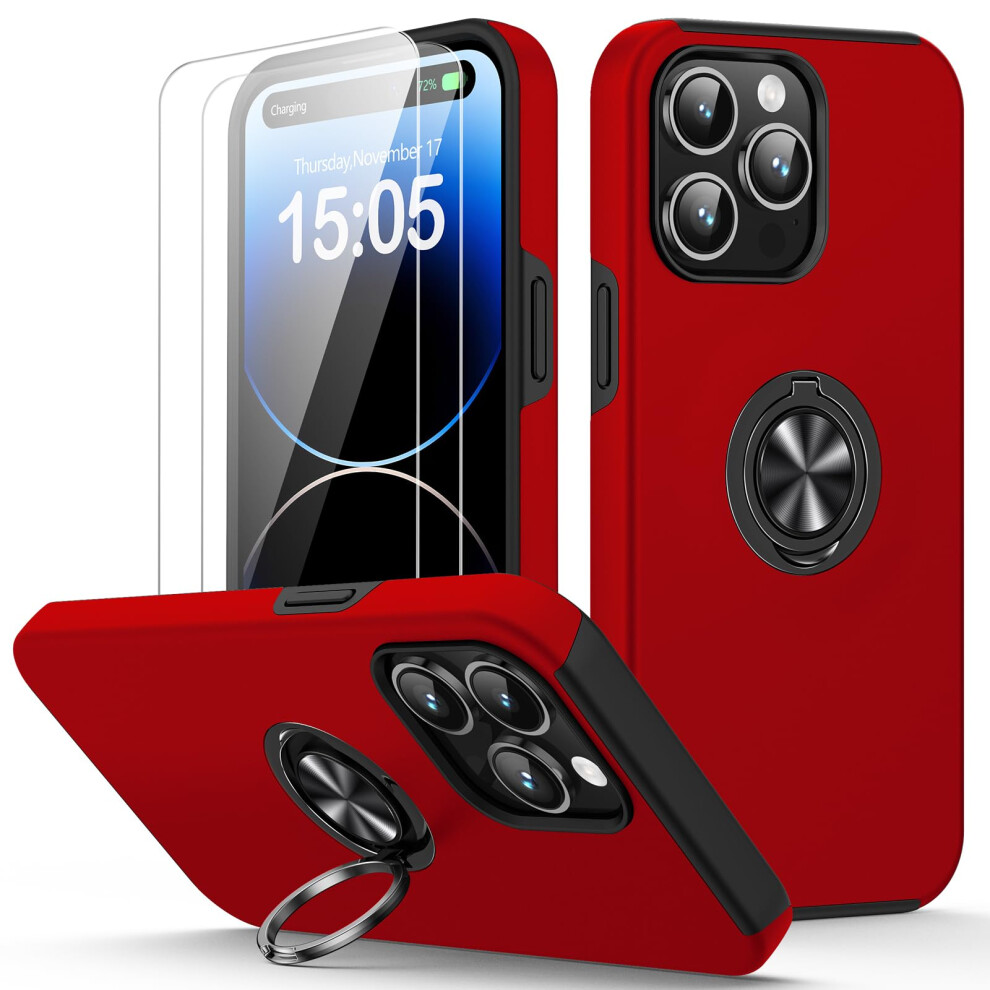 Shockproof Case With 2 Pack Screen Protectors And Ring Kickstand For Iphone 14 Pro Max Red 9092120805420